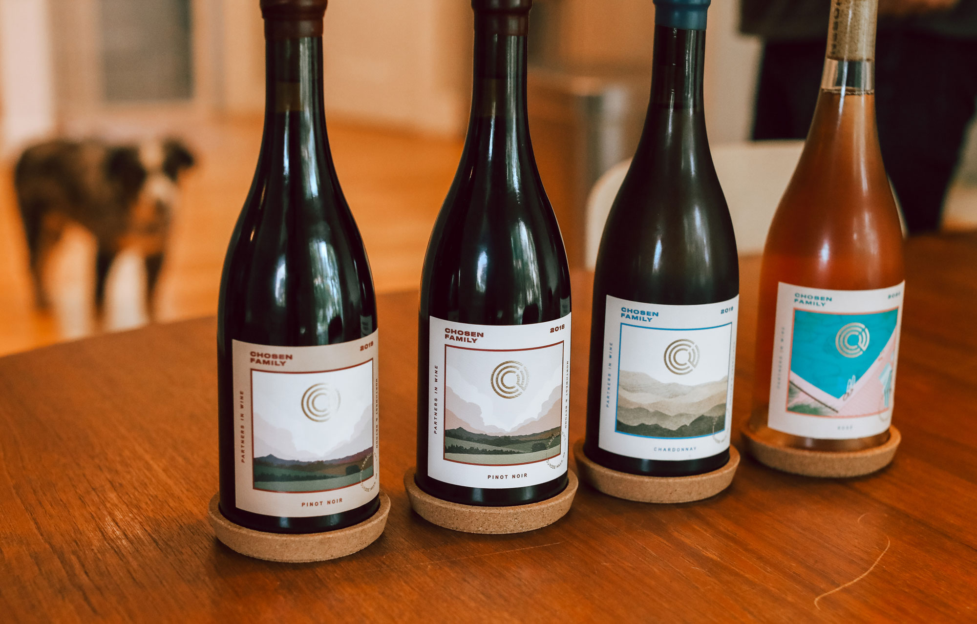 Lineup of Chosen Family Wine bottles